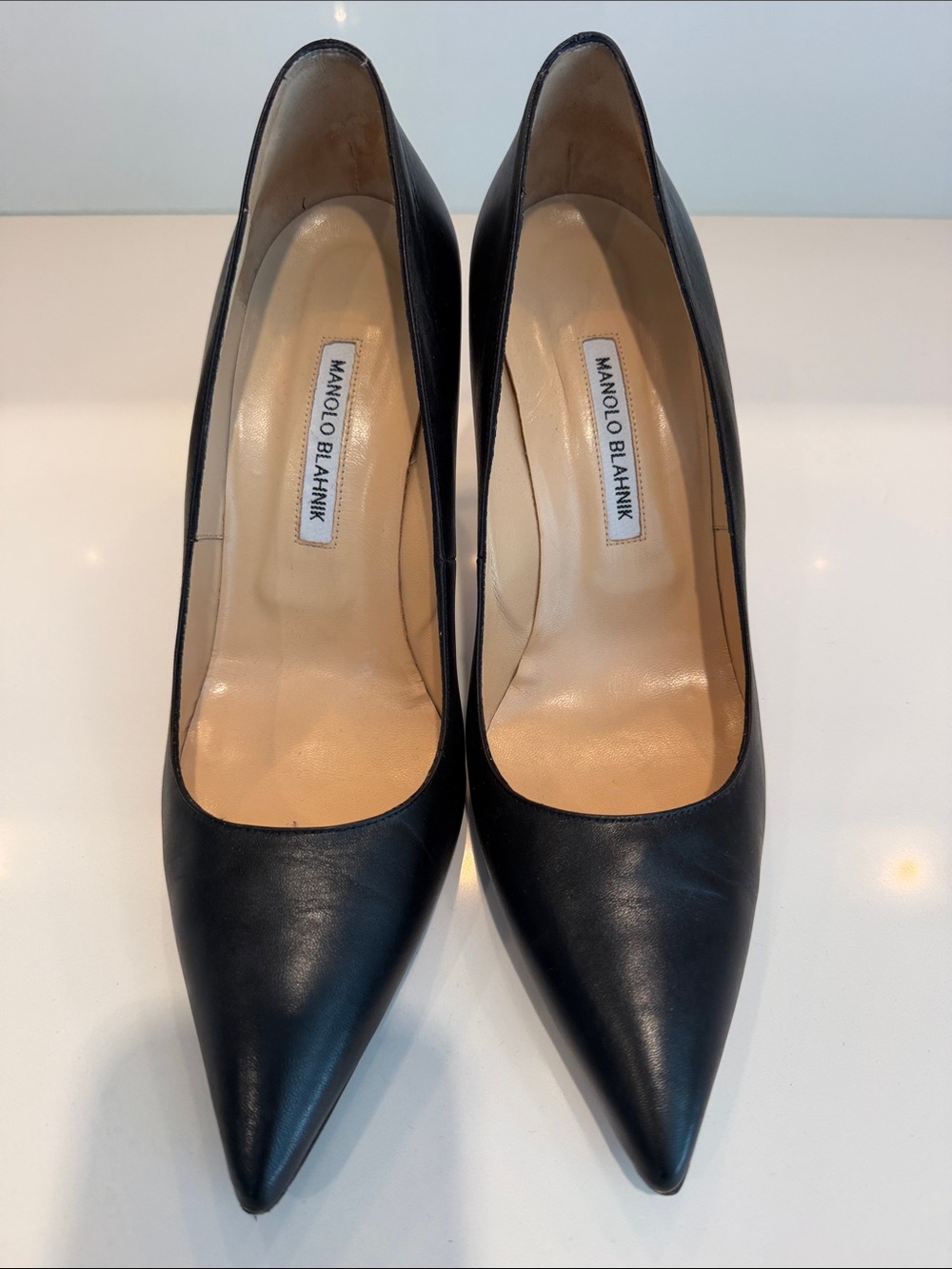 Manolo Blahnik Black Pointed-Toe Leather Pumps